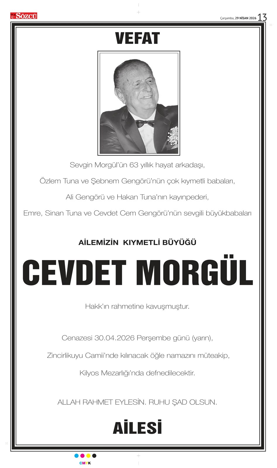 29 Nisan 2026 Vefat İlanları