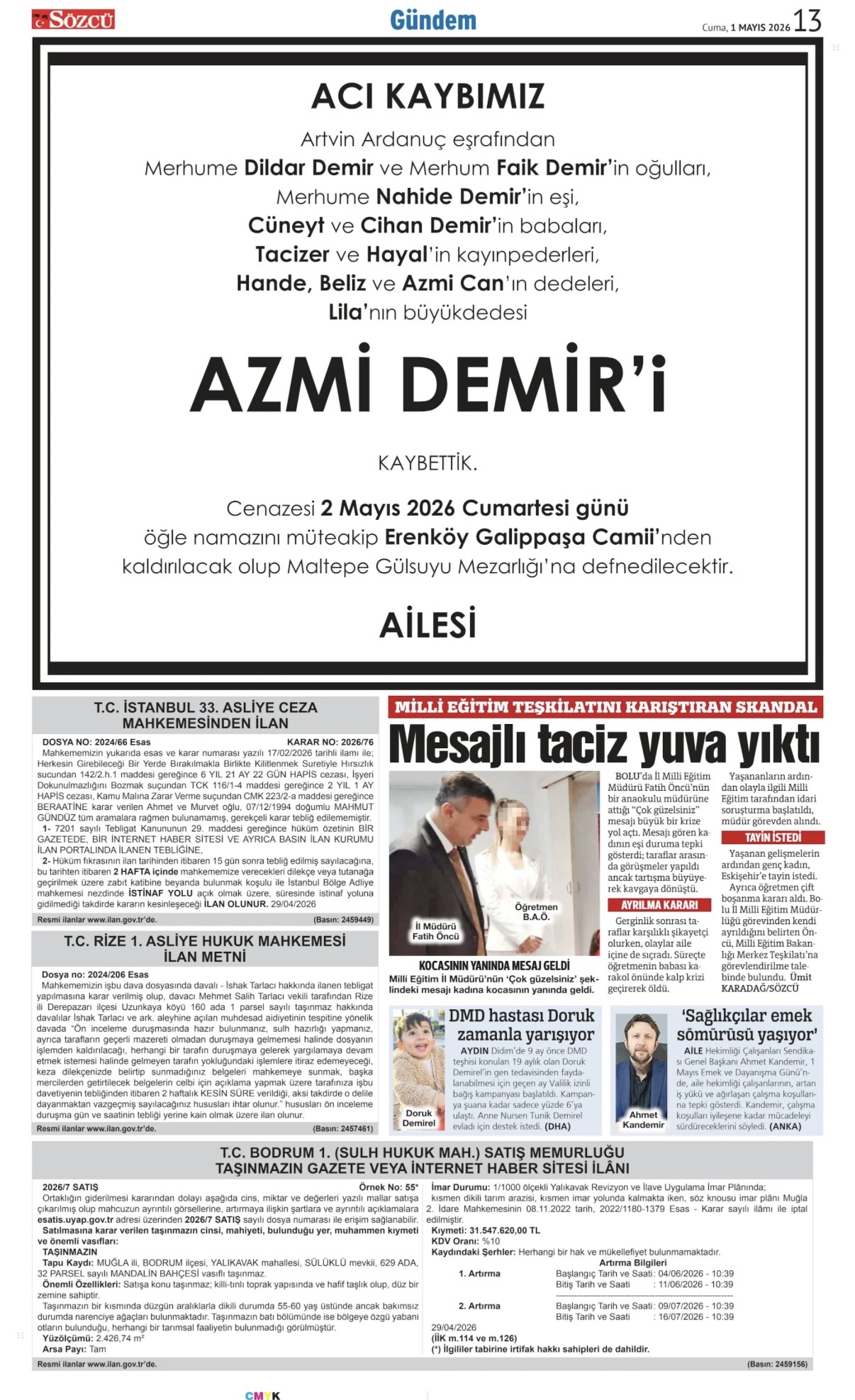 01 Mayıs 2026 Vefat İlanları